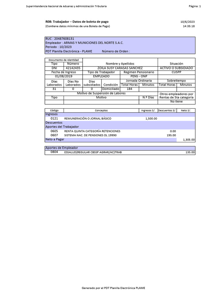 R08: Trabajador - Datos de Boleta de Pago | PDF