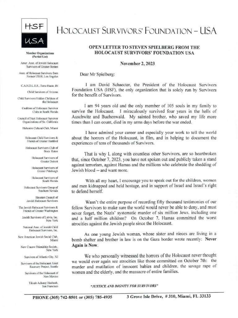 HSF/USA Letter To Steven Spielberg - Nov. 2, 2023 | PDF