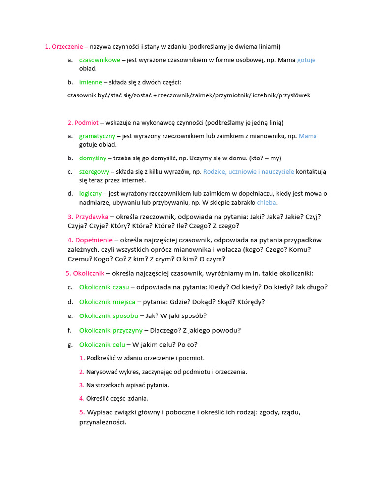 Podmiot I Orzeczenie Karty Pracy Klasa 5 Podmiot, Orzeczenie, Przydawka, Dopełnienie | PDF
