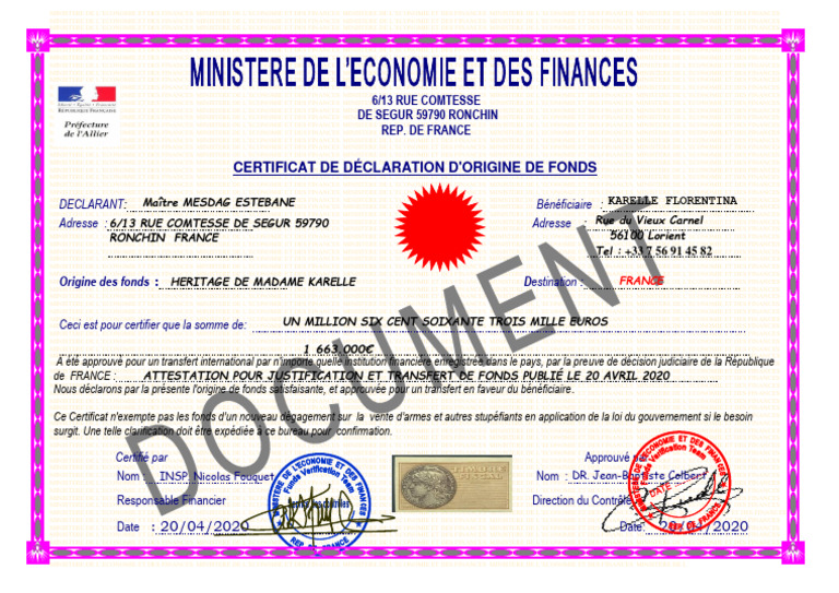 Certificat d'origine des fonds | PDF | France | Gouvernement