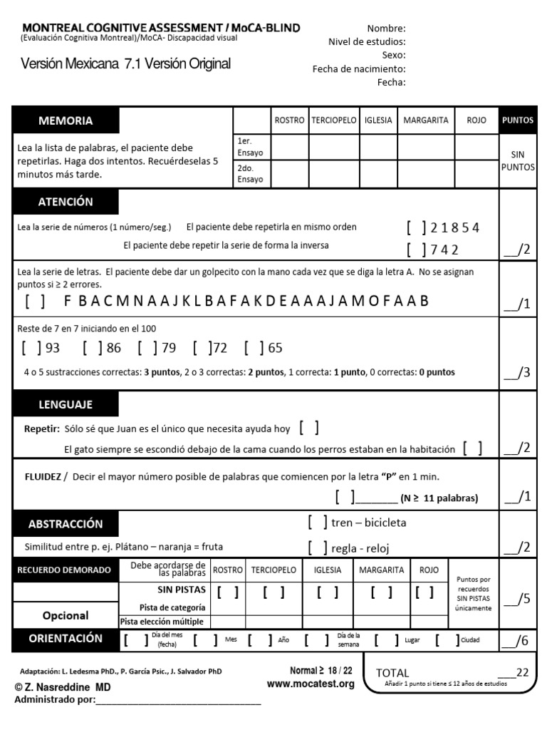 Protocolo del Test MoCA en Español | PDF | Ciencia cognitiva | Cognición