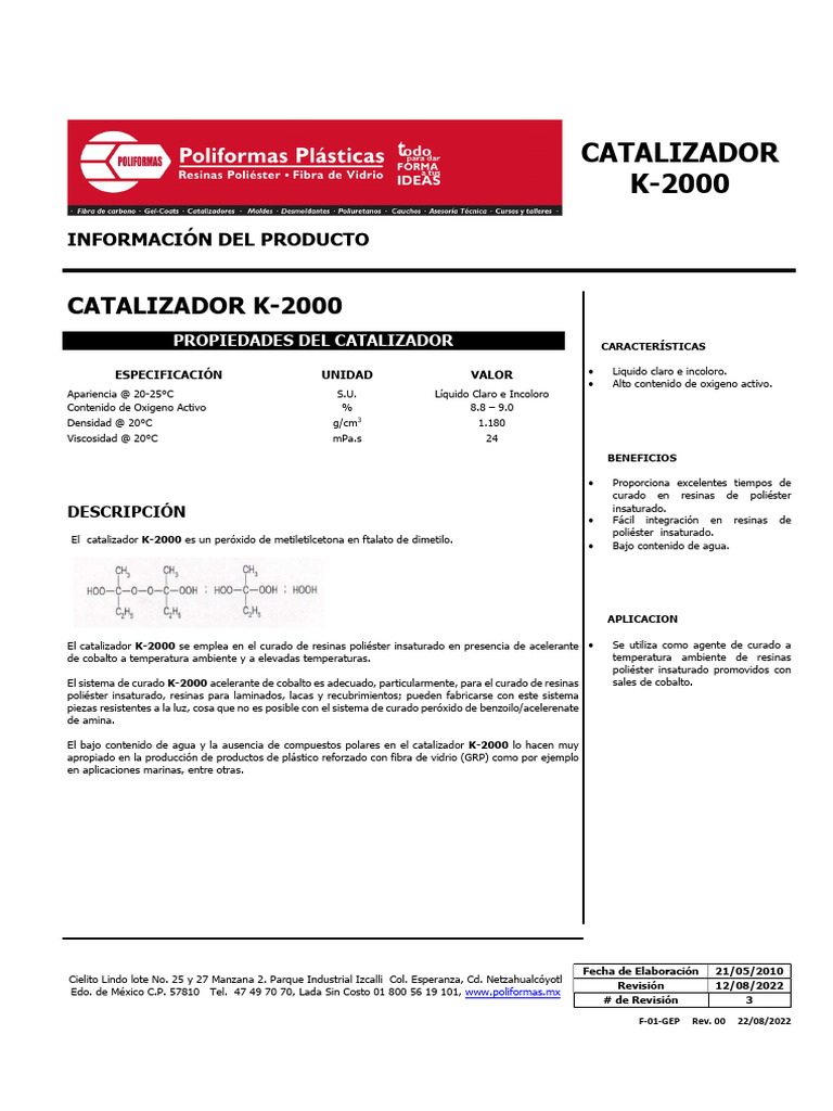 Información sobre Catalizador K-2000 | PDF | Peróxido | El plastico