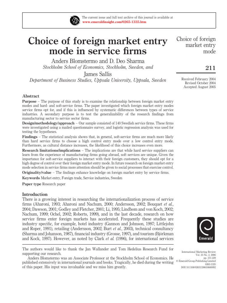 Blomstermo A, Sharma D, 2006, Choice of Foreign Market Entry Mode in ...