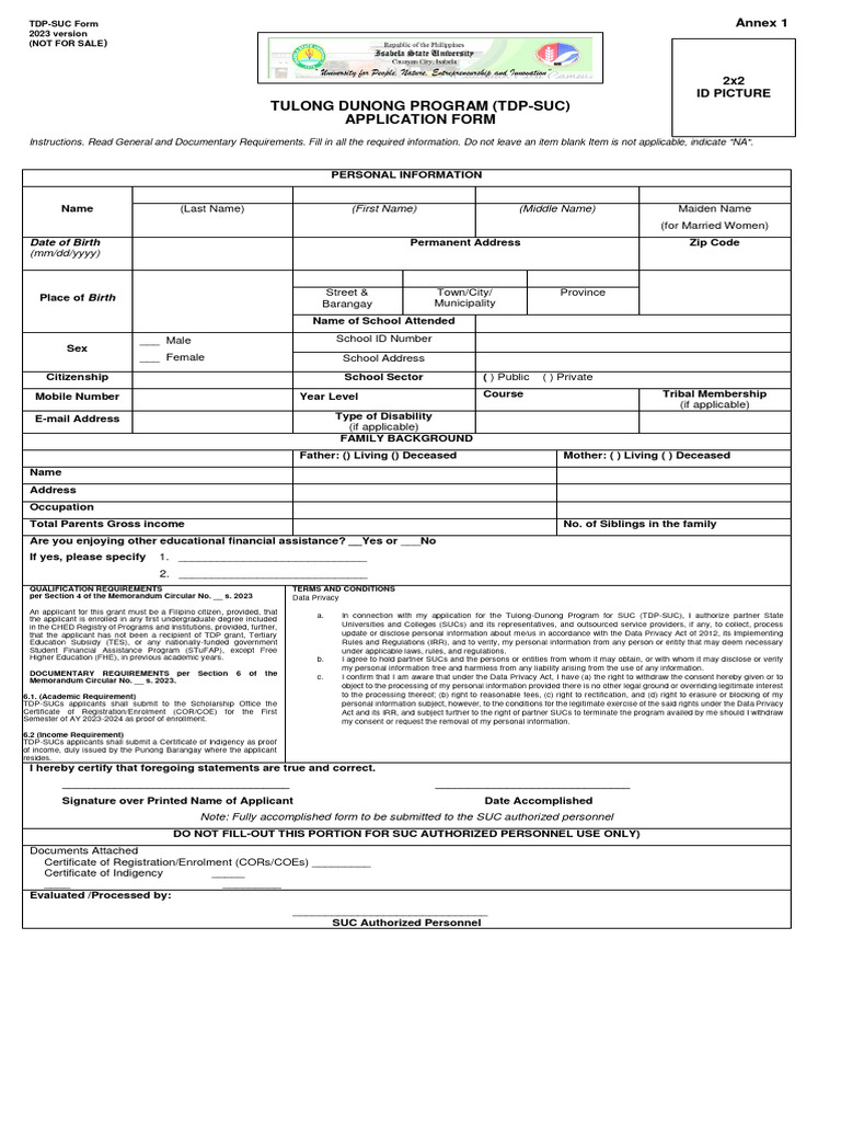 Annex 1 TDP Application Form 1 ONE TIME GRANT PDF Government Justice