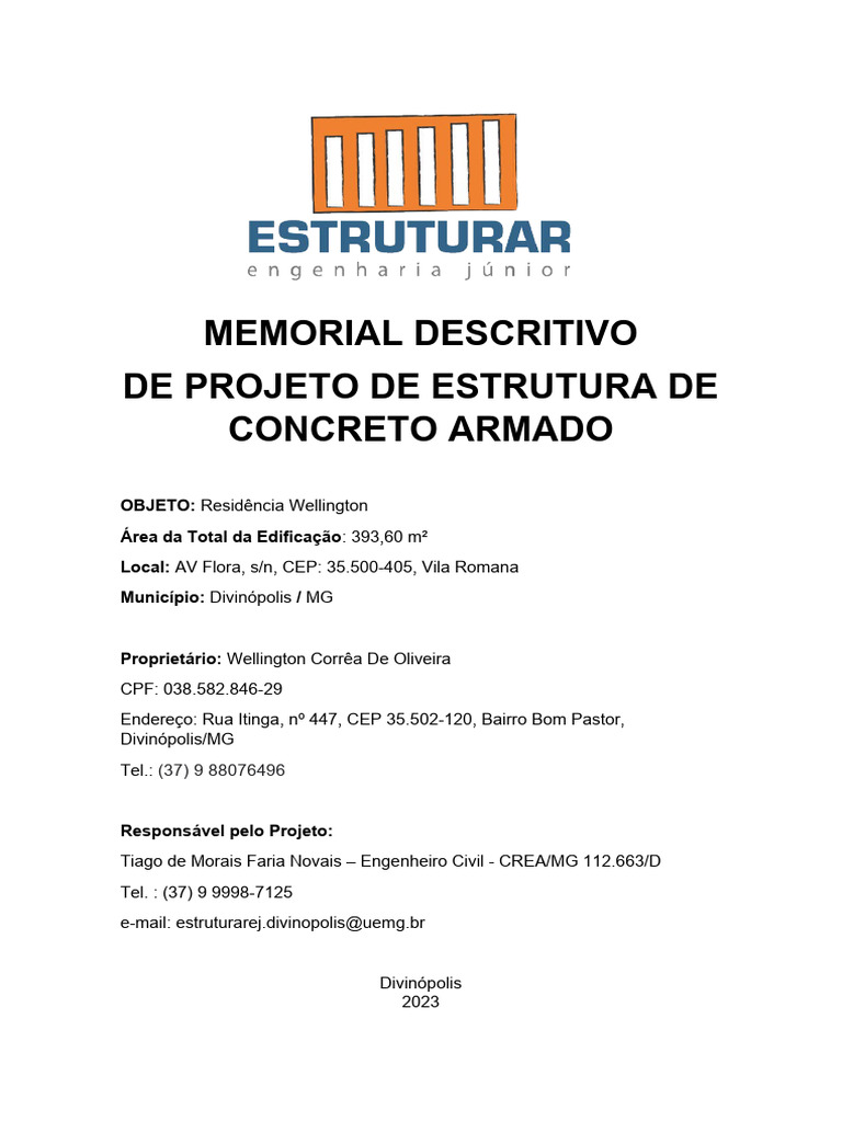 Modelo Memorial descritivo - Concreto | PDF | Cimento | Concreto reforçado