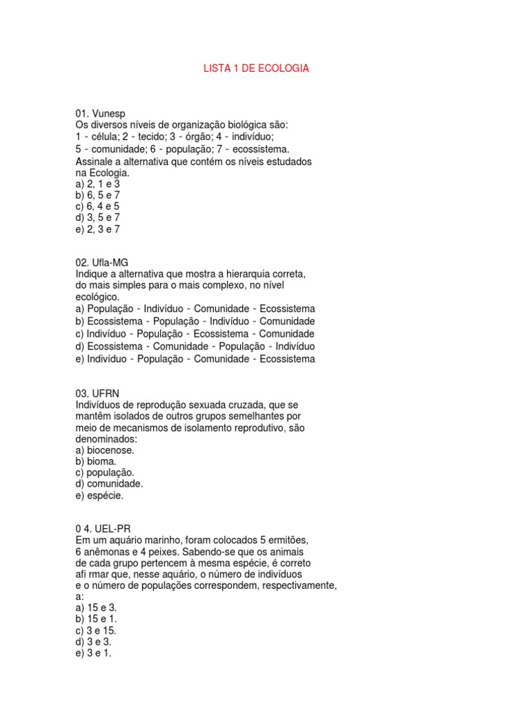 Exercicios Ecologia | PDF | Ecologia | Espécies