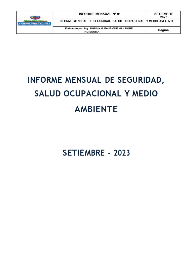 Informe Mensual SSOMA - Septiembre 2023 | PDF | Seguridad y salud ...