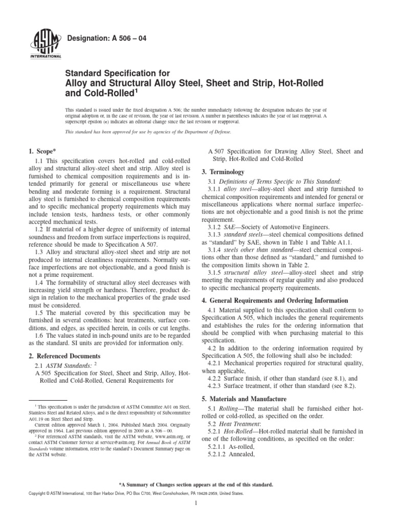 Alloy and Structural Alloy Steel, Sheet and Strip, HotRolled and Cold