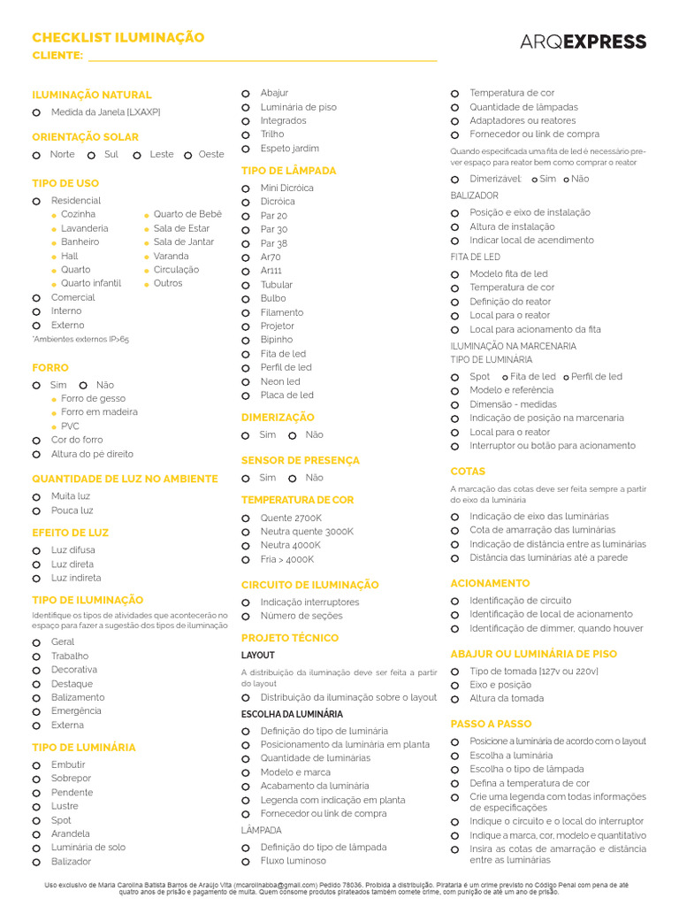 Checklist de Iluminação Residencial | PDF | Lâmpada incandescente | Luz