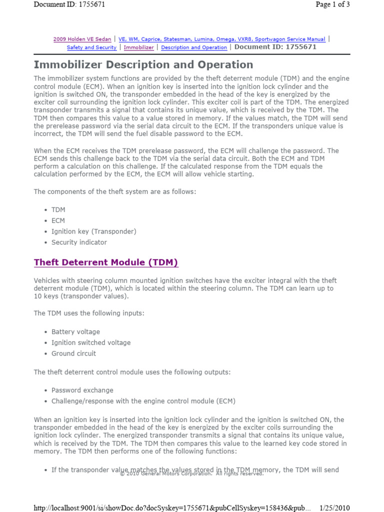 VE Immobilizer Description and Operation PDF Ignition System