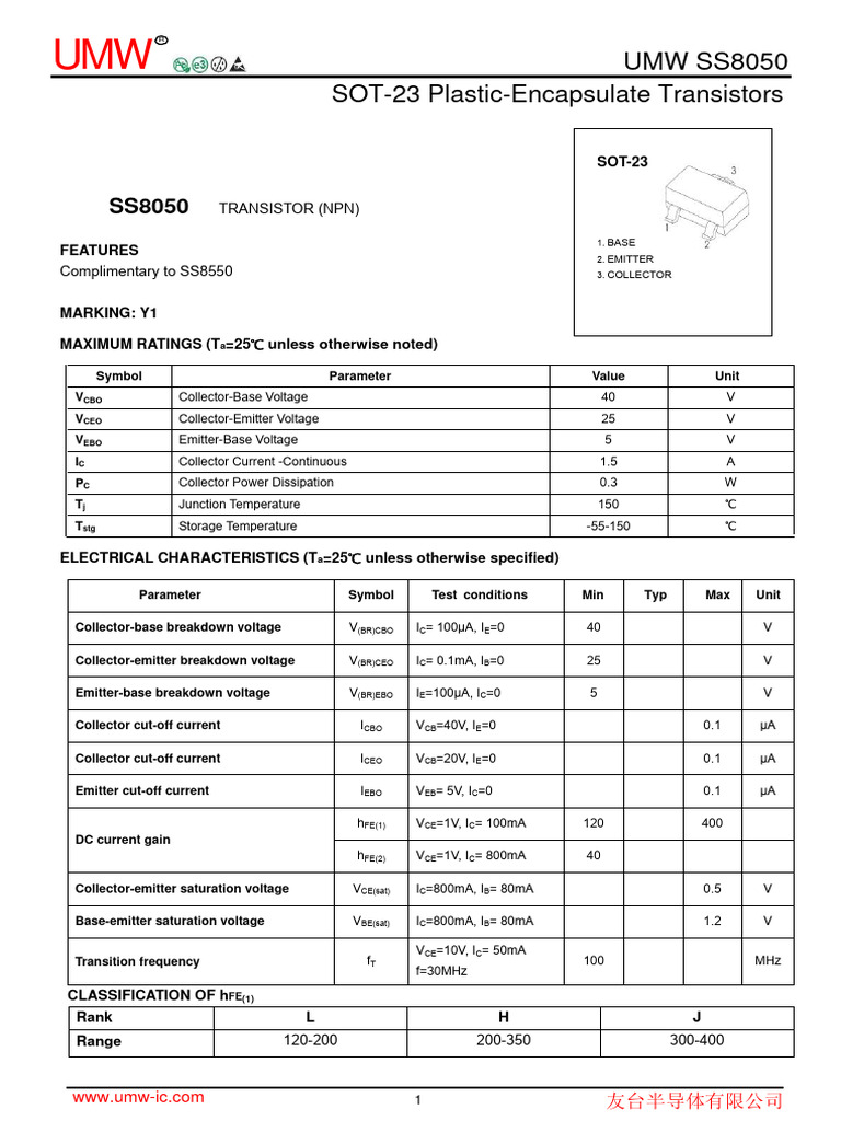 Transistor Sot23 SS8050 Y1 PDF Bipolar Junction Transistor