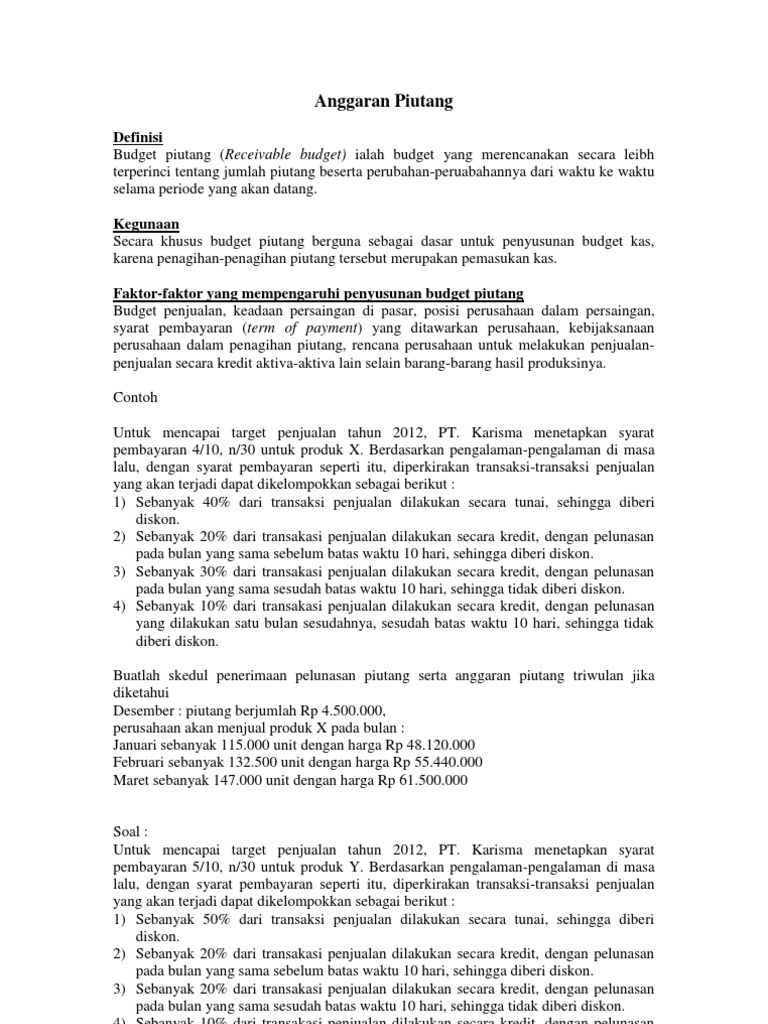 Anggaran Perusahaan Anggaran Piutang Dan Anggaran Kas