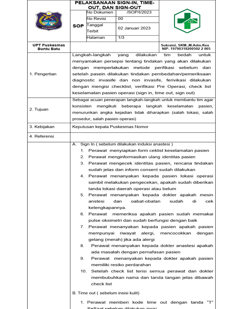 5.3.4 A Sop Pelaksanaan Sign in Time Out Sign Out Di Puskesmas | PDF
