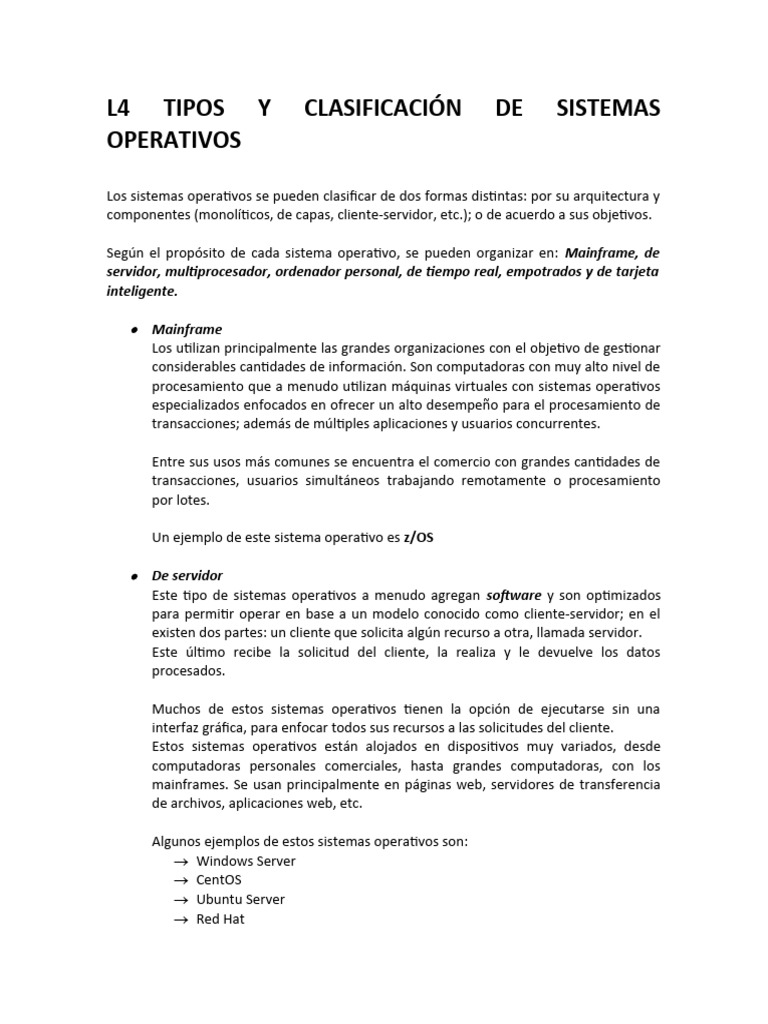 L4 Tipos y Clasificación de Sistemas Operativos | PDF | Modelo cliente ...