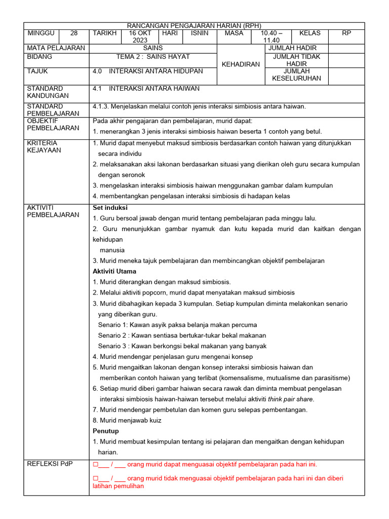 Contoh RPS Interaksi Simbiosis Haiwan | PDF
