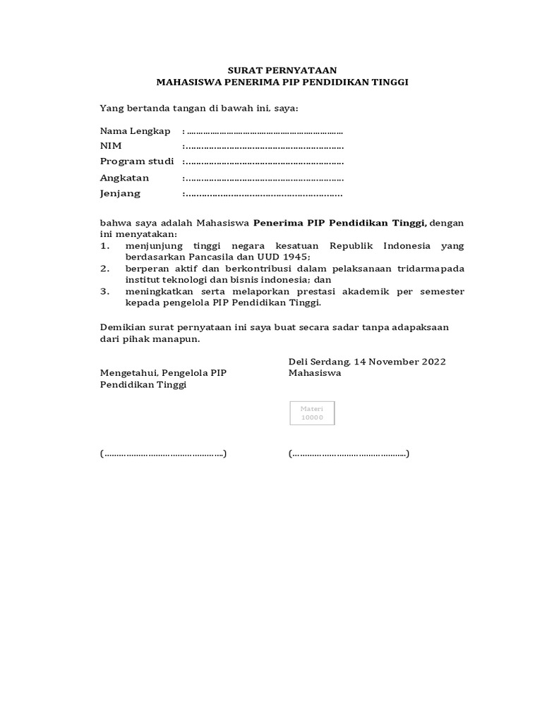SURAT PERNYATAAN MAHASISWA 2022 | PDF