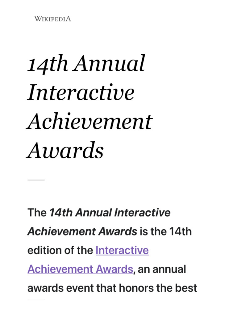 14th Annual Interactive Achievement Awards Wiki PDF Video Game