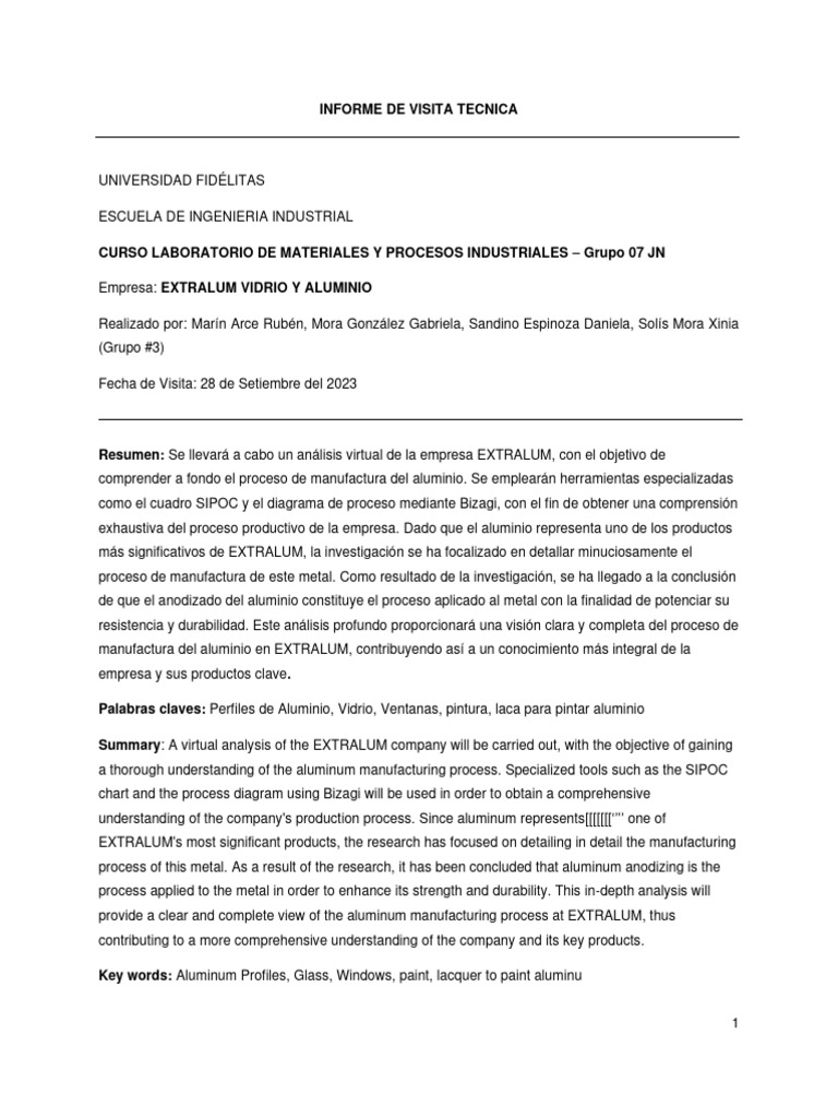 Grupo 3. Lab 1. EXTRALUM | PDF | Calidad (comercial) | Aluminio