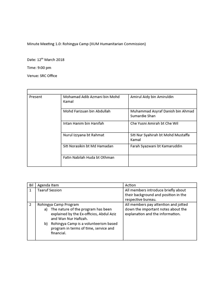 Example of Minute Meeting Rohingya Camp IIUM | PDF | Career & Growth