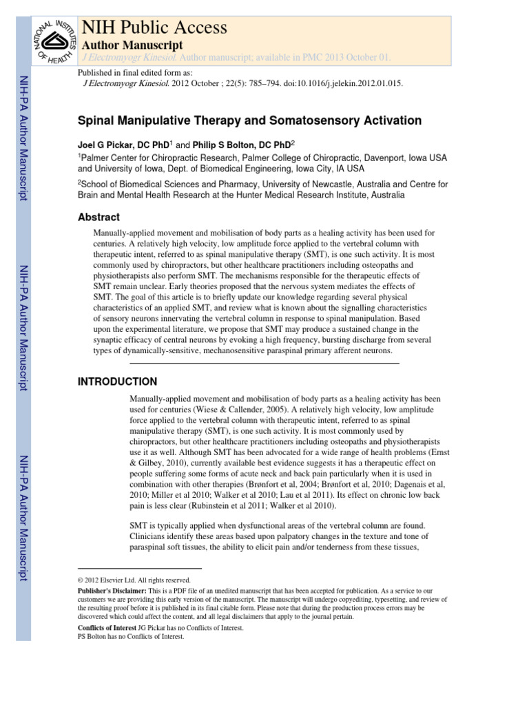 Spinal Manipulative Therapy and Somatosensory Activation PDF