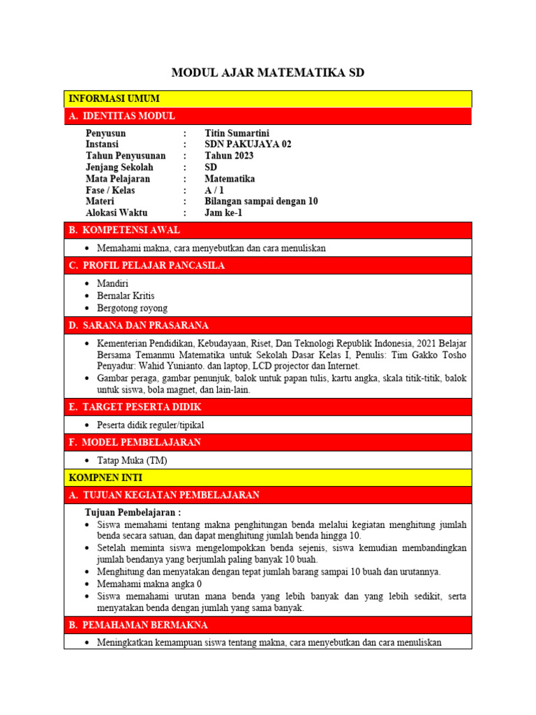 Modul Ajar Matematika SD Kelas 1 | PDF