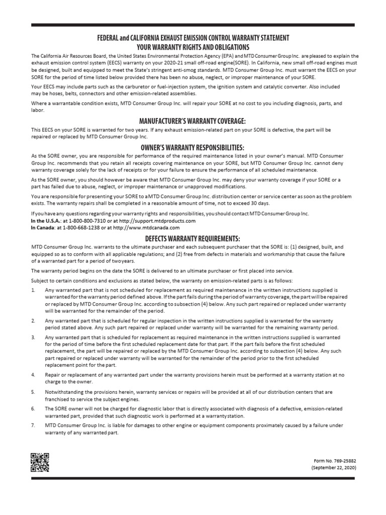 Federal and California Exhaust Emission Control Warranty Statement Your