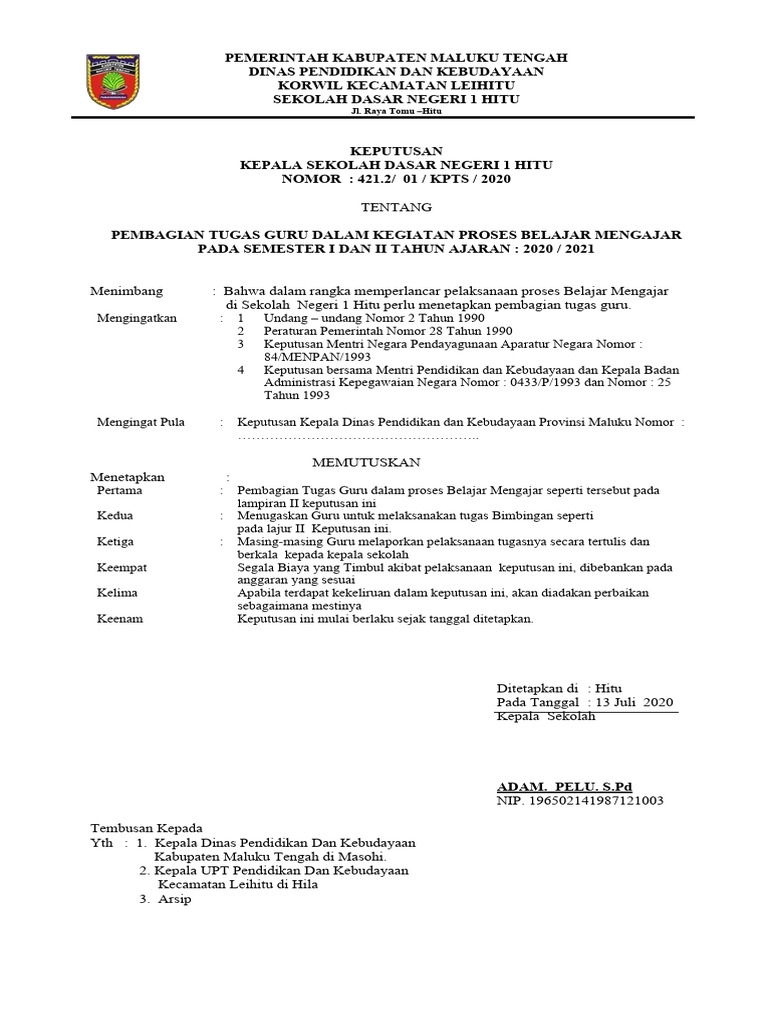 Pembagian Tugas Guru SD Negeri Hitu | PDF