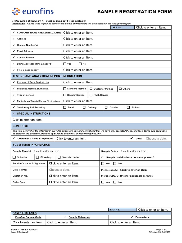 EUPH7.1GPEF001 F001 Eurofins Sample Registration Form (SRF) R2