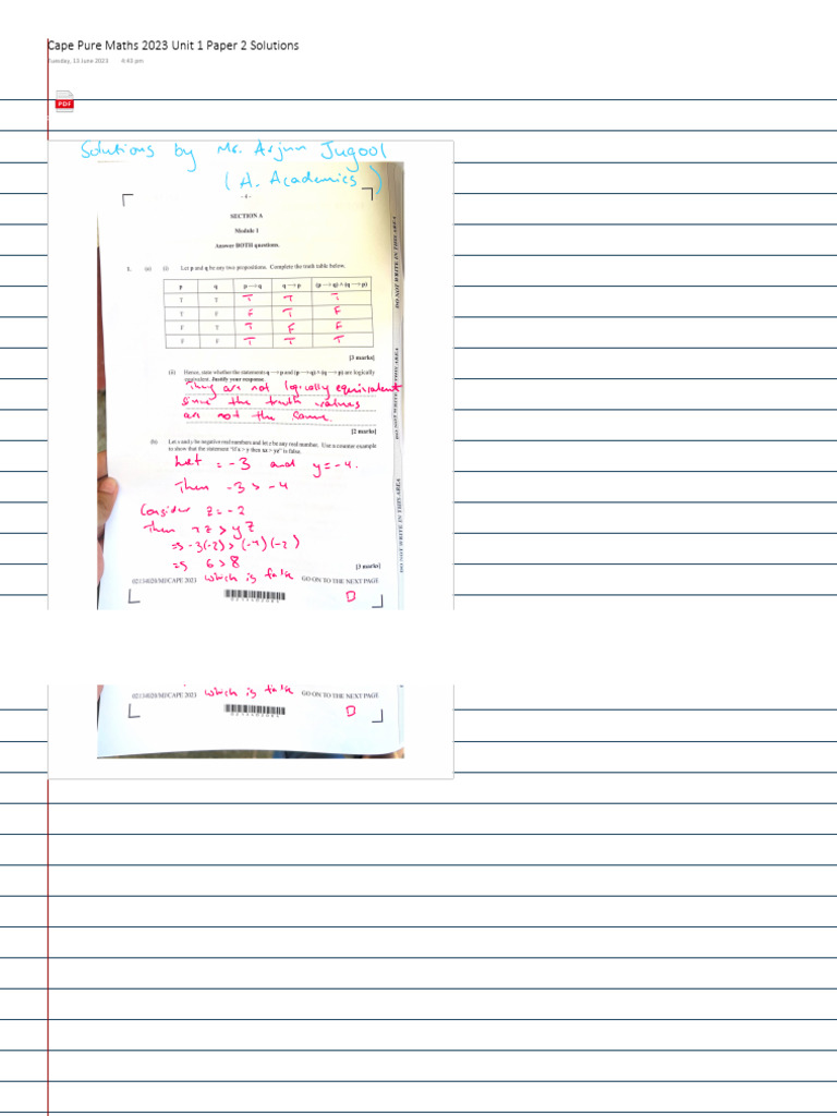 Cape Pure Maths 2023 Unit 1 Paper 2 Solutions PDF