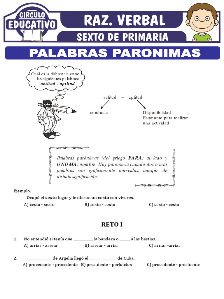 Ejercicios de Palabras Paronimas para Sexto de Primaria | PDF