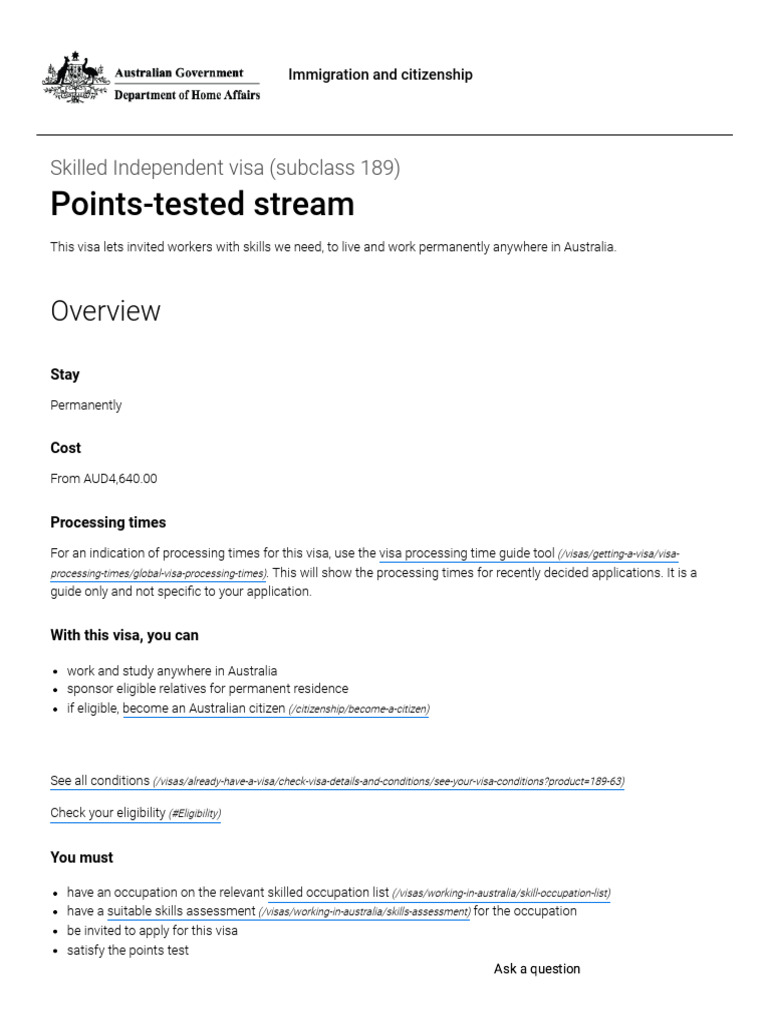 Skilled Independent Visa (Subclass 189) PointsTested Stream PDF