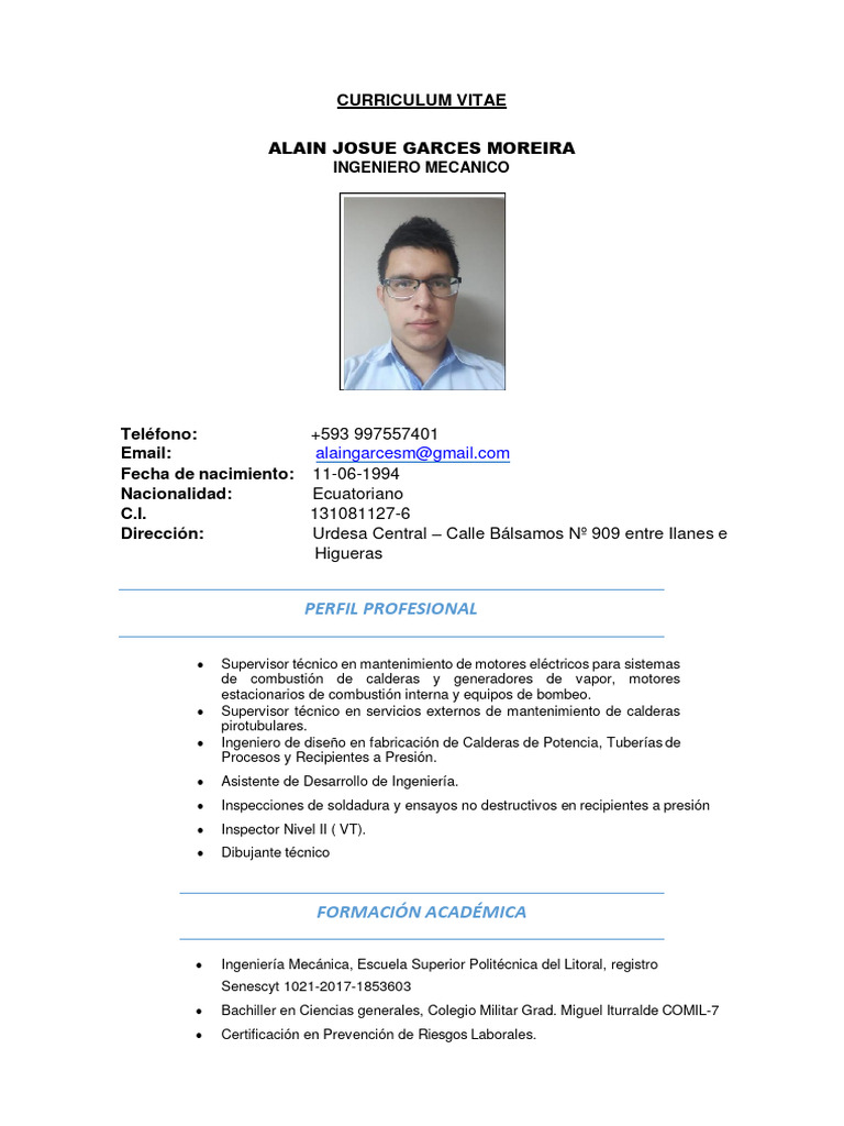 CV Alain Garces Espol | PDF | Vapor | Máquina de vapor