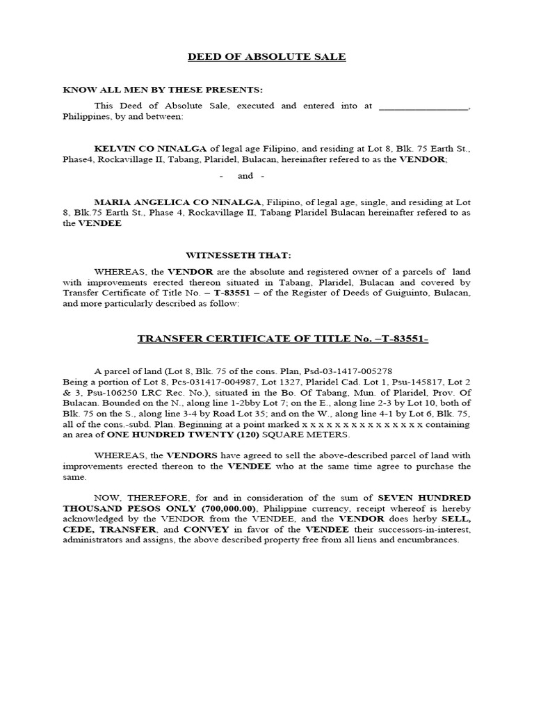 Deed of Sale PDF Law And Economics Property Law