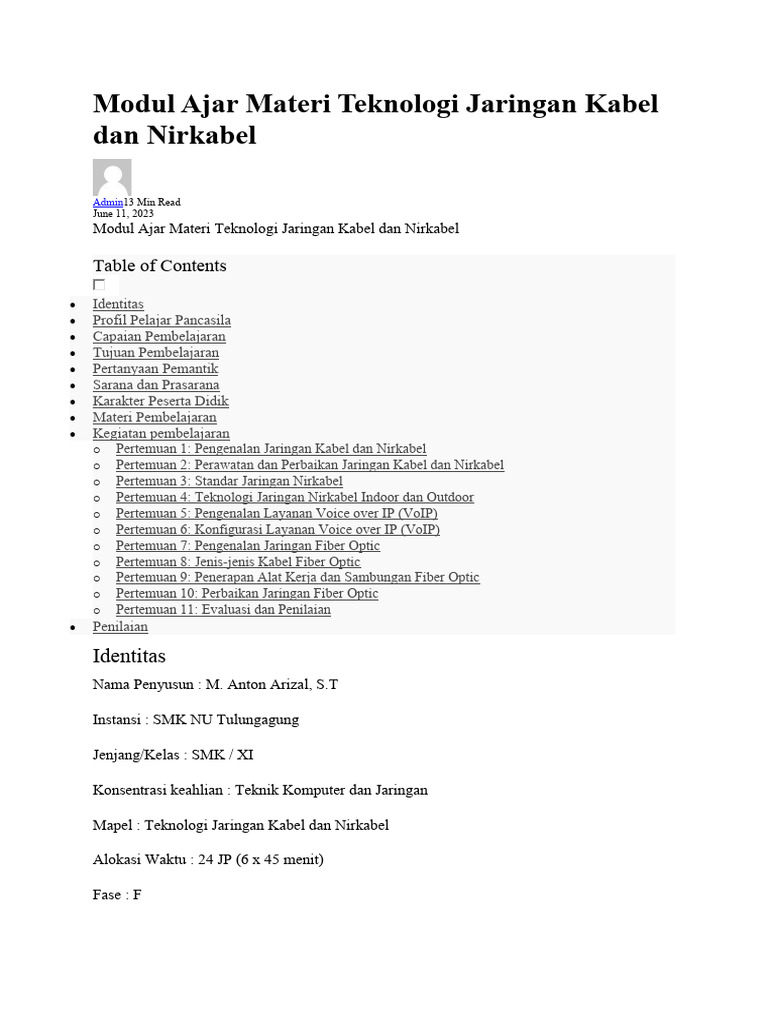 Modul Ajar Materi Teknologi Jaringan Kabel Dan Nirkabel 2023 Pdf