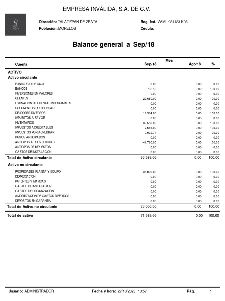 Balance General Septiembre 2018 | PDF | Contabilidad | Hoja de balance