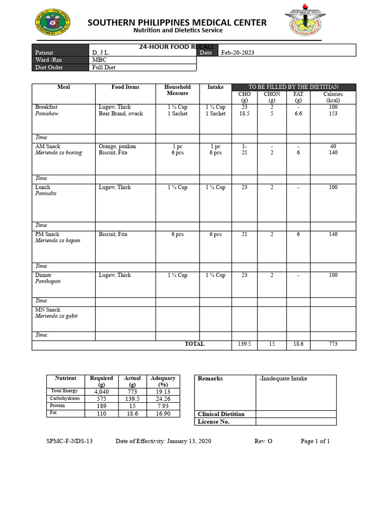 24Hour Food Recall PDF Dietitian Calorie
