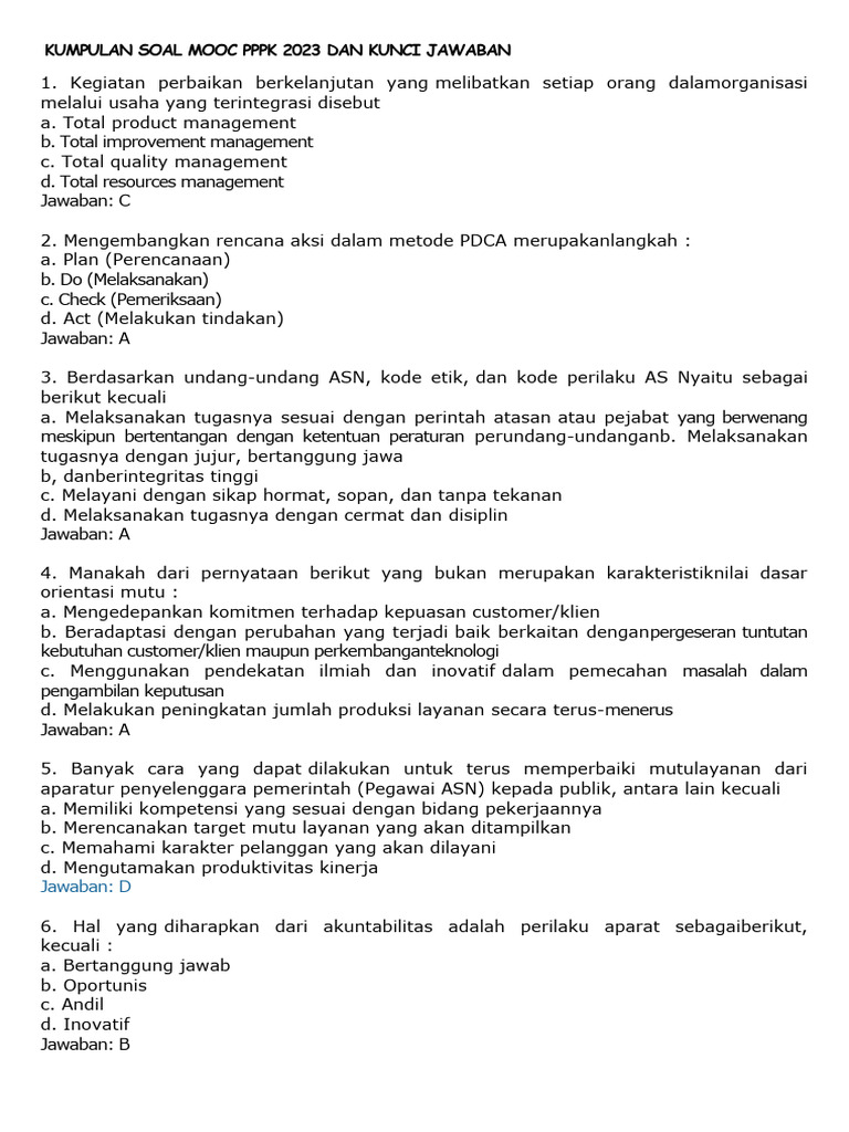 Kumpulan soal mooc pppk 2023 dan kunci jawaban pdf