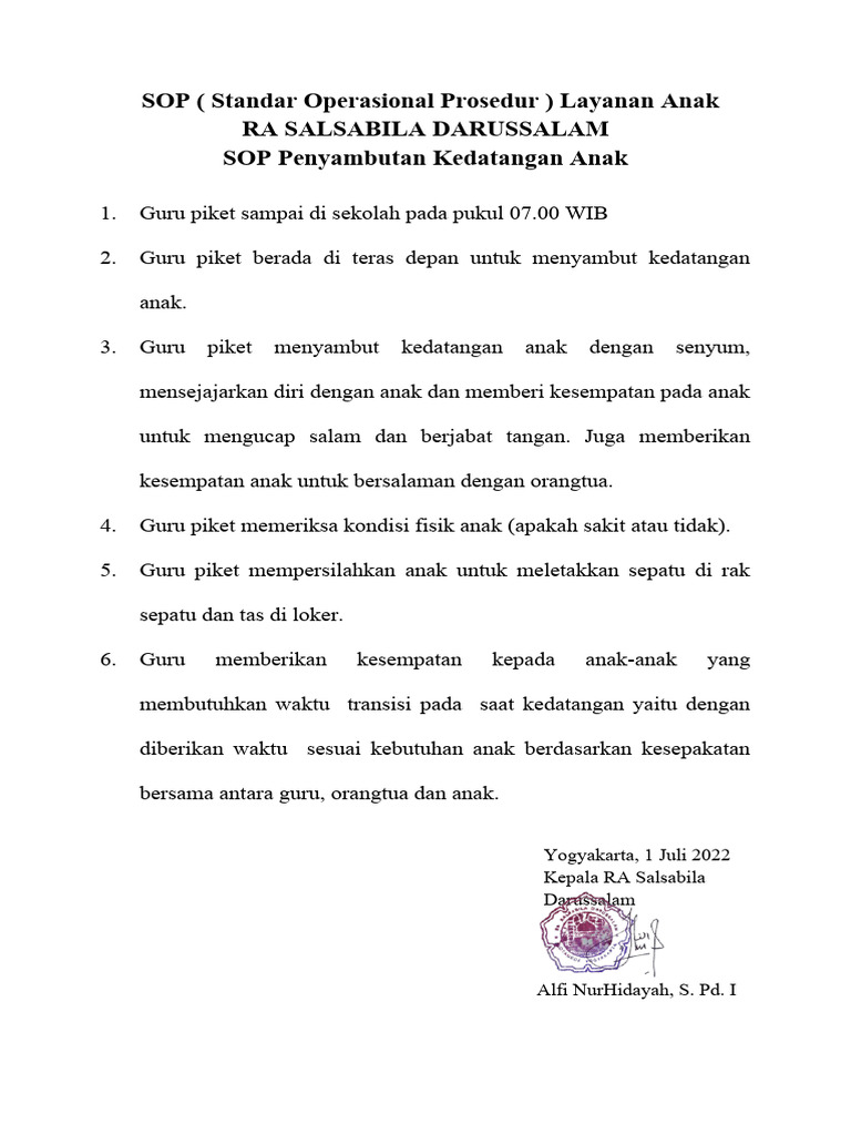 SOP Kedatangan dan Kepulangan Anak PAUD | PDF