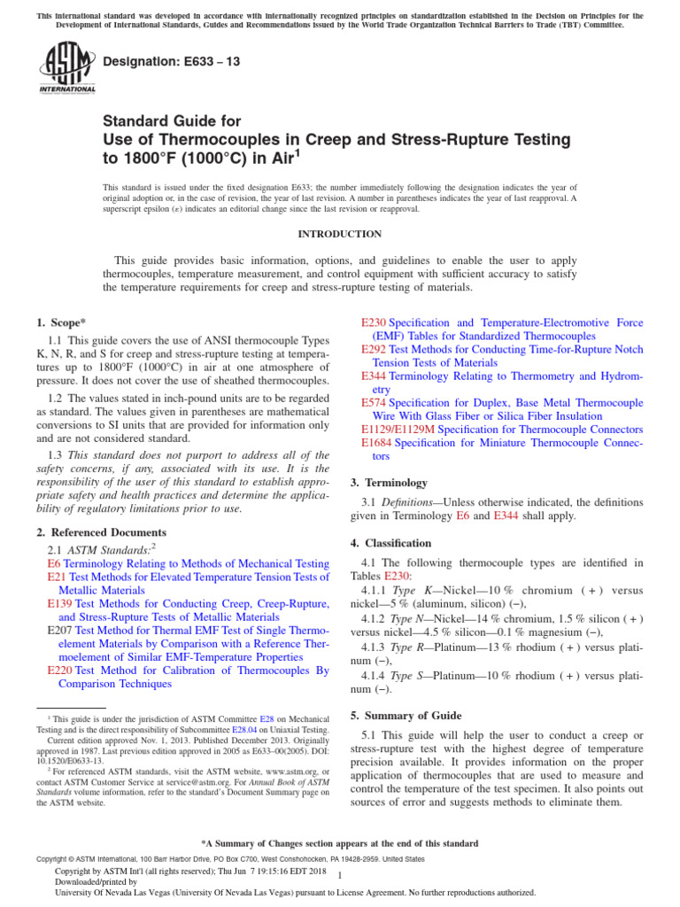 E633-13 Standard Guide For Use of Thermocouples in Creep and Stress ...