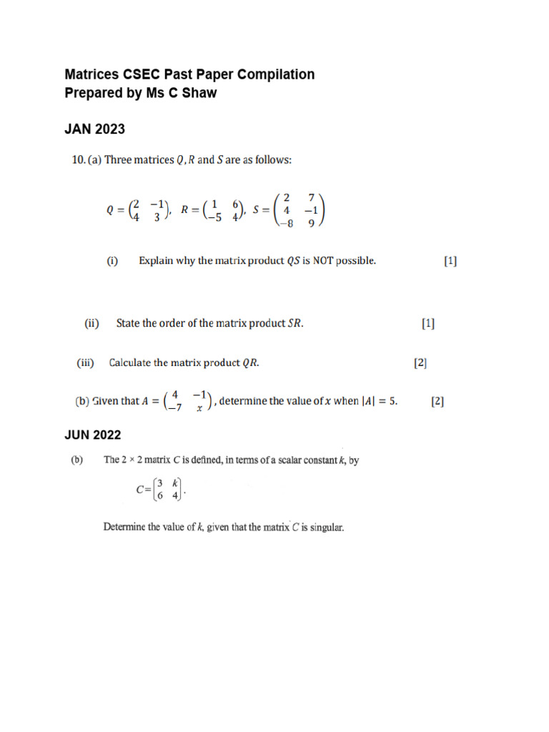 Matrices csec past paper compilation pdf