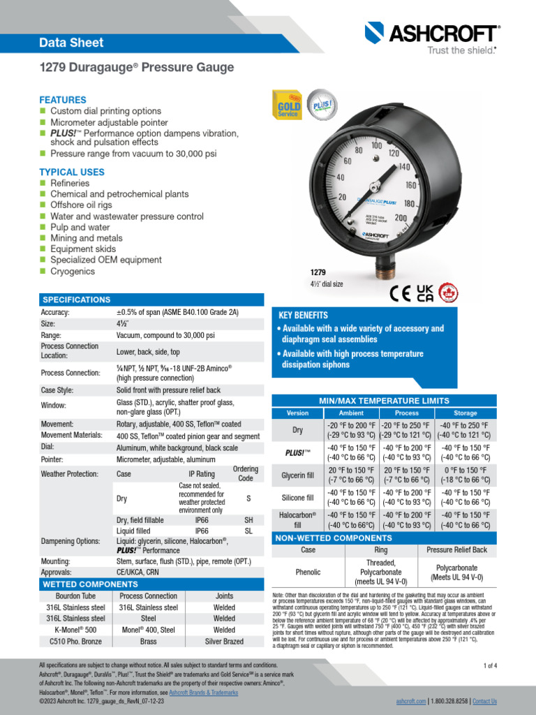 ASHCROFT 1279 pressure gauge PDF Pressure Measurement Pipe (Fluid