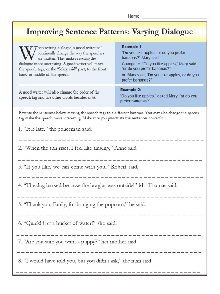 Worksheet improving sentence patterns varying dialogue st pdf