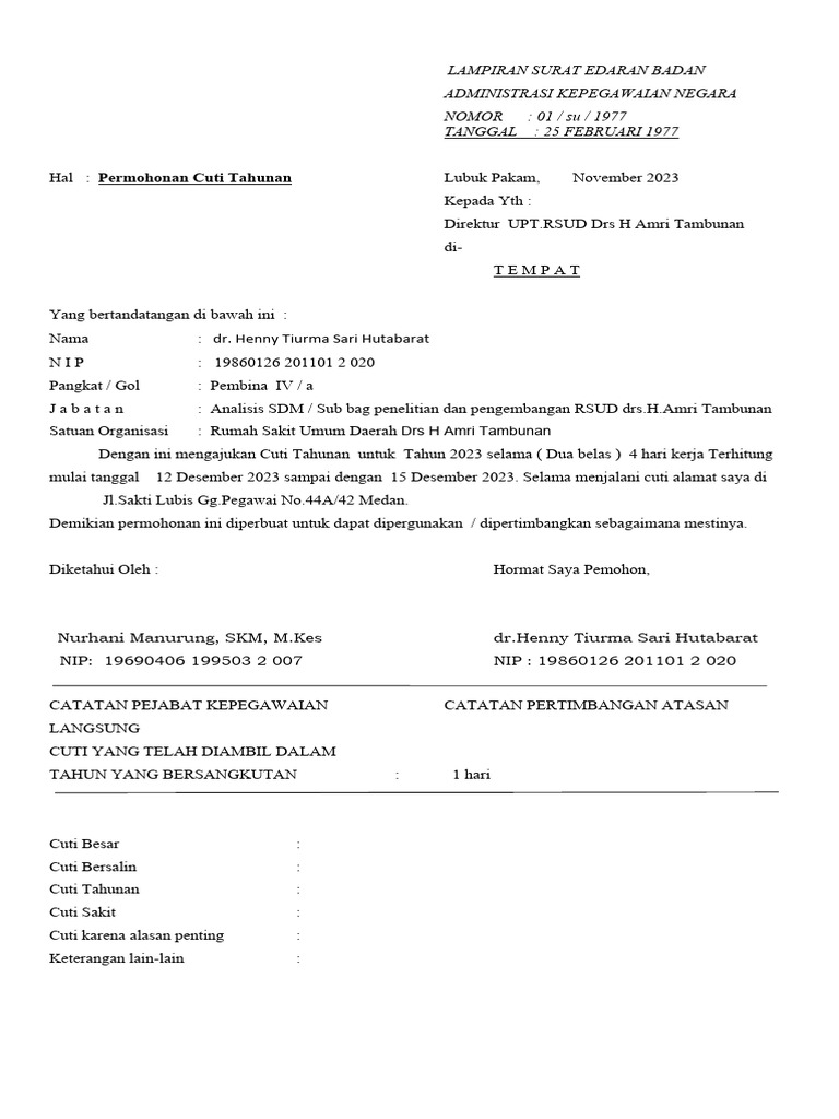 Permohonan Cuti Tahunan 2023 Rsud Pdf