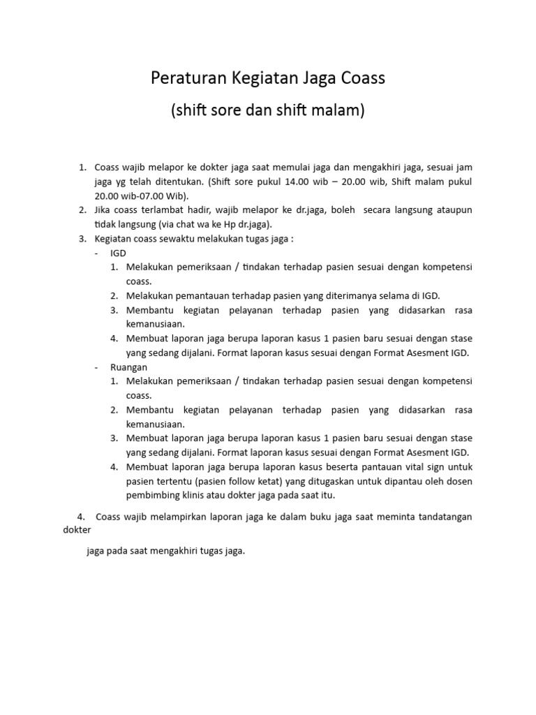 Peraturan Jaga Coass: Shift Sore & Malam | PDF