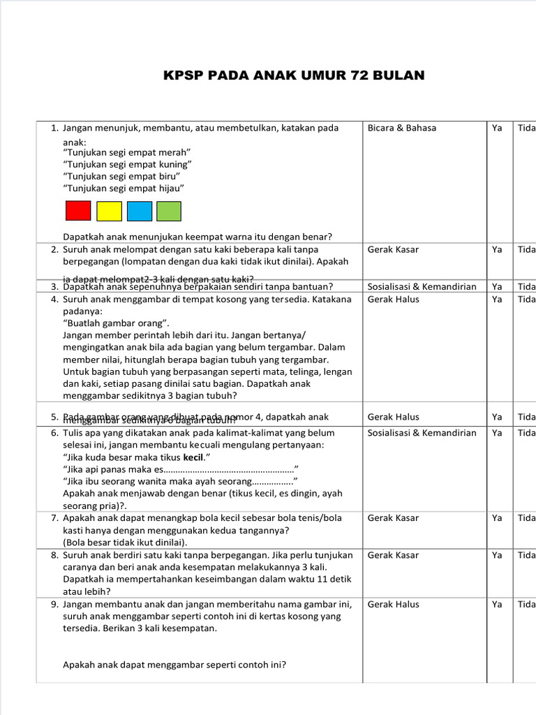 KPSP untuk Anak Usia 72 Bulan | PDF