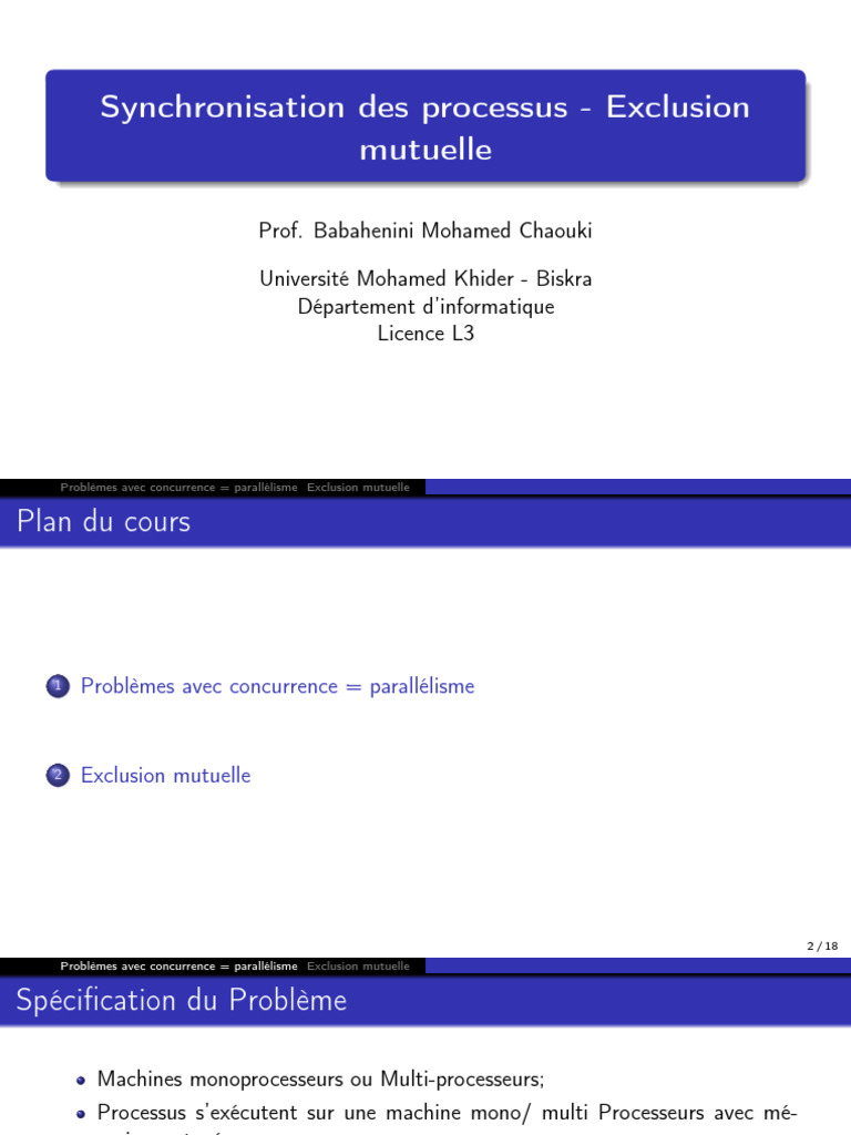 Synchonisation Des Processus Exclusion Mutuelle | PDF | Parallélisme ...