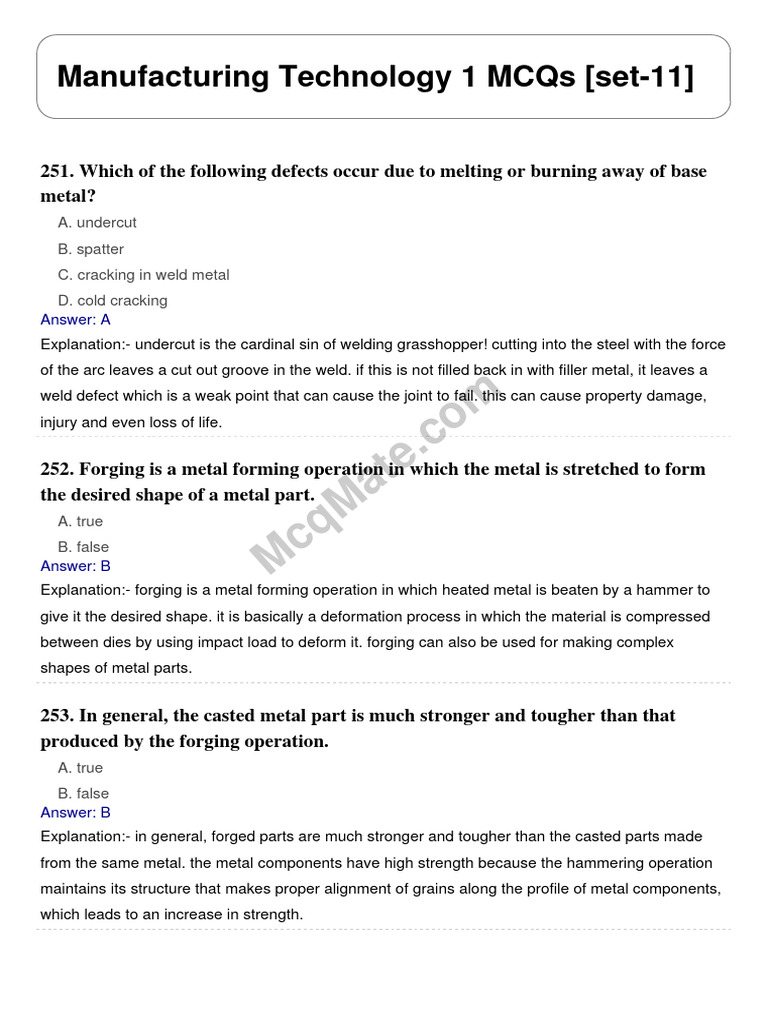Manufacturing Technology 1 Solved Mcqs Set 11 Pdf Extrusion Forging