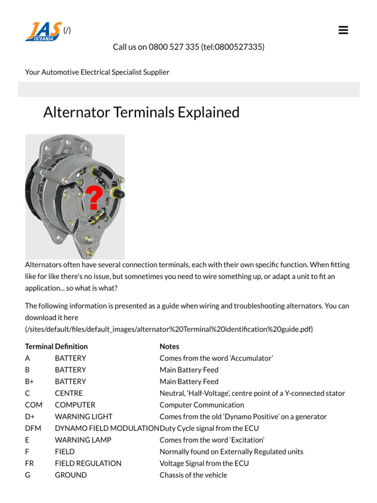 Alternator Terminals Explained JAS Oceania Auto Electrical Products PDF Electrical