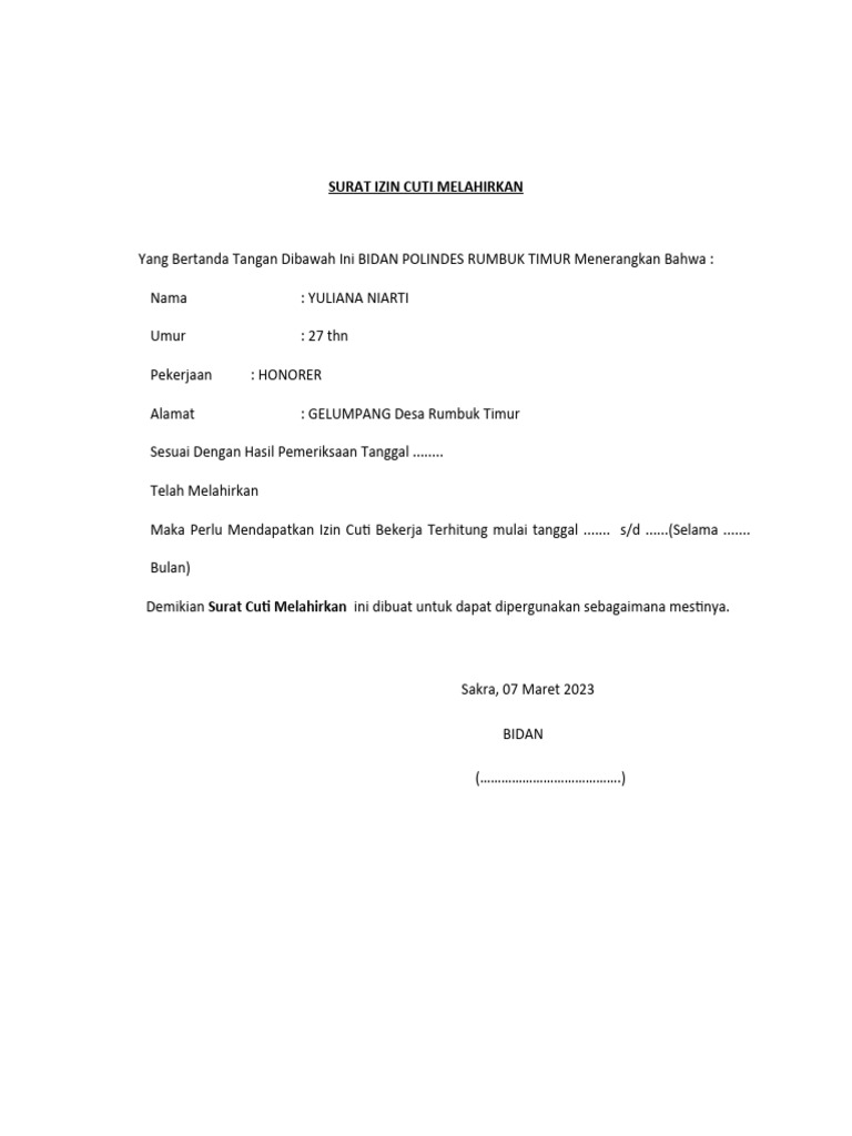 Contoh Surat Izin Cuti Melahirkan | PDF