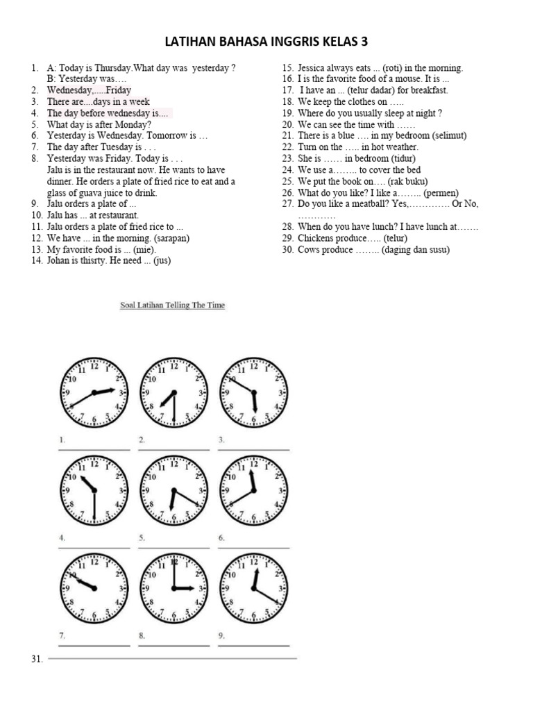 Latihan Bahasa Inggris Kelas 3 | PDF